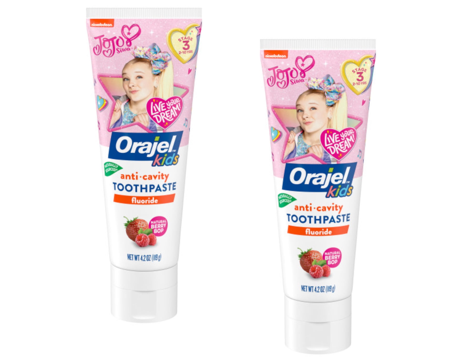 Orajel Kids JoJo Siwa Anti-Cavity Fluoride Toothpaste, Natural Berry Bop Flavor, 4.2oz Tube Pack of 2