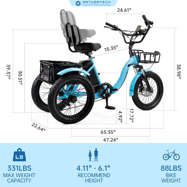 VIPQV Blue Electric Tricycle for Adults, 22MPH 27Miles 7-Speed