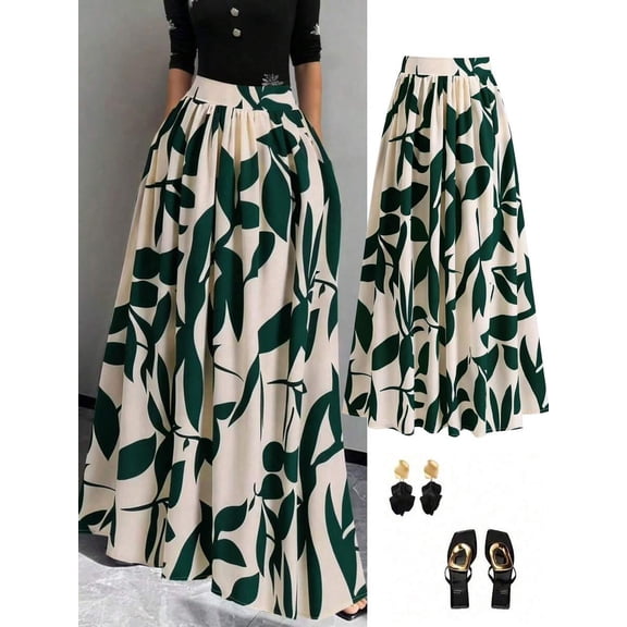 Womens Dark Green Leaf Print High Waist A-Line Maxi Skirt, Flowing Summer Holiday Skirt