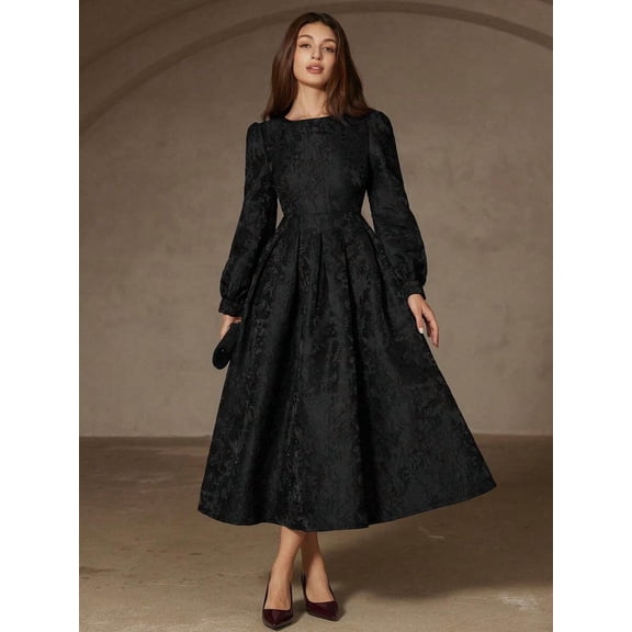 Black Jacquard Fabric Round Neck Long Sleeve Waist Gathered Pleated A-Line Midi Dress For Women