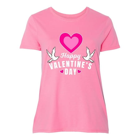 Happy Valentine's Day with Doves and Hearts Women's Plus Size T-Shirt