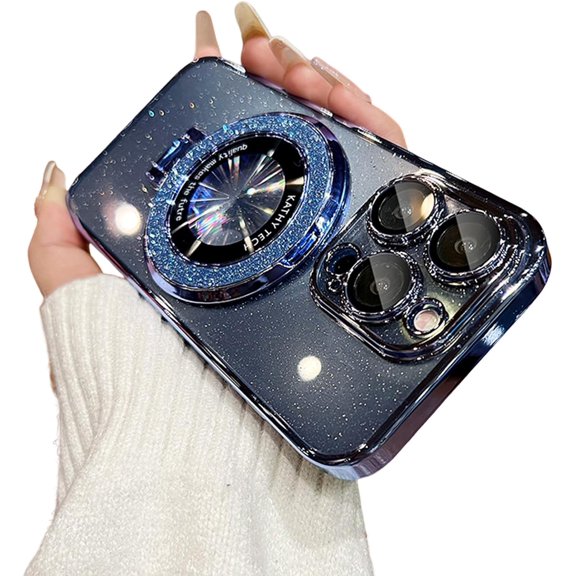 for iPhone 13 Pro Max Case with Magnetic Stand, Non-Yellowing & Military Drop Protection, Compatible with MagSafe Shockproof Slim Shiny Holder for Women Men Clear Phone Case, Glitter Blue