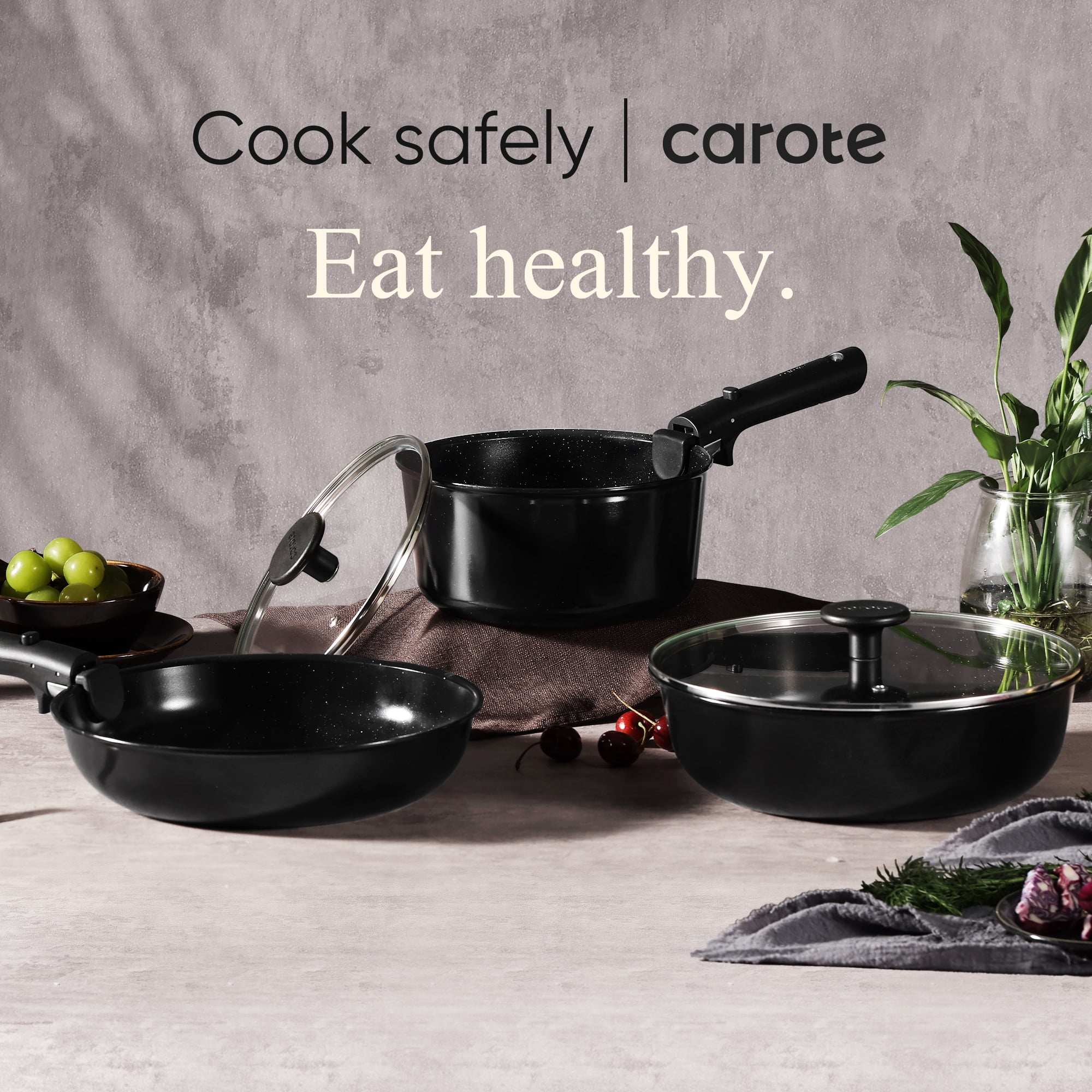 Carote Ceramic Cookware Sets, 13 Pcs Pots and Pans Set with Detachable Handle, Black  (图3)
