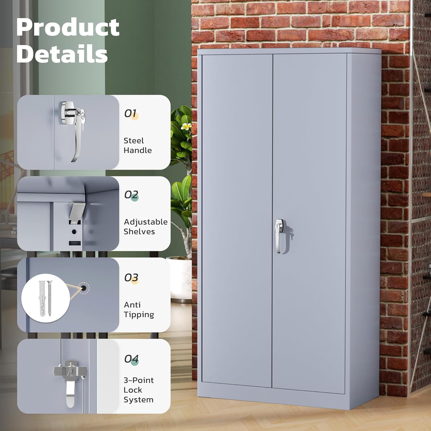 SOLAURA 72 inches Tall Metal Garage Storage Cabinets, Lockable Steel Storage Cabinet with Doors and Adjustable Shelves for Office, Home, Shops, Garage, Assembly Required, Cement Gray