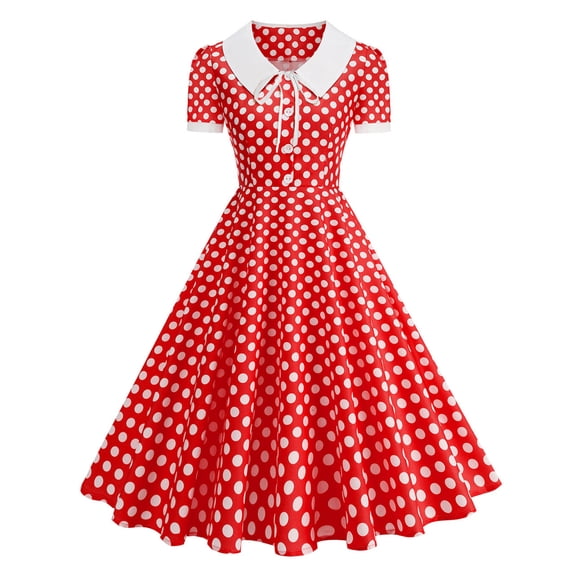 Blmnix Women Dress Polka Dot Dress Vintage Dress Tent Petticoat Short Sleeve Collared Red Cocktail-Length Adjustable Waist Women Dresses Summer,XL