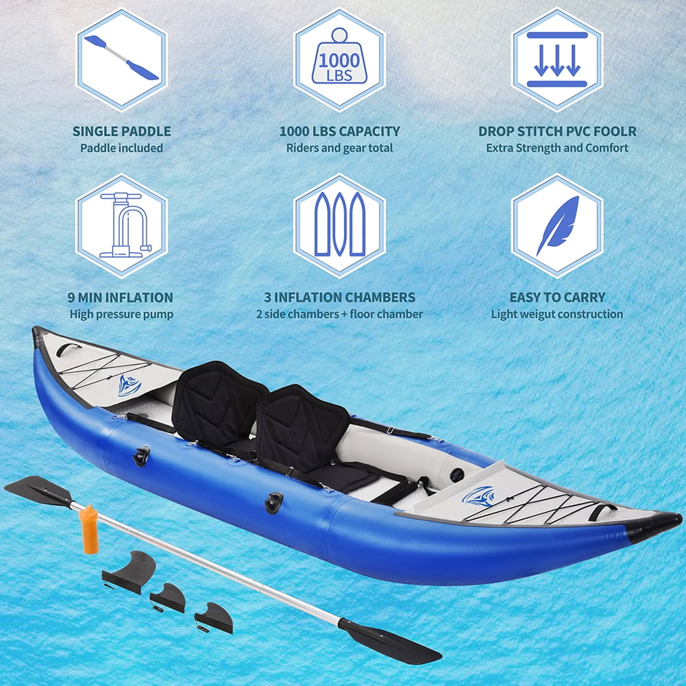 Kepooman Inflatable Kayak Set, Portable Recreational Touring Kayak with Paddle & Air Pump, Foldable Tandem 2 Person Kayak, Blue Kepooman Inflatable Kayak Set, Portable Recreational Touring Kayak with Paddle & Air Pump, Foldable Tandem 2 Person Kayak, Blue