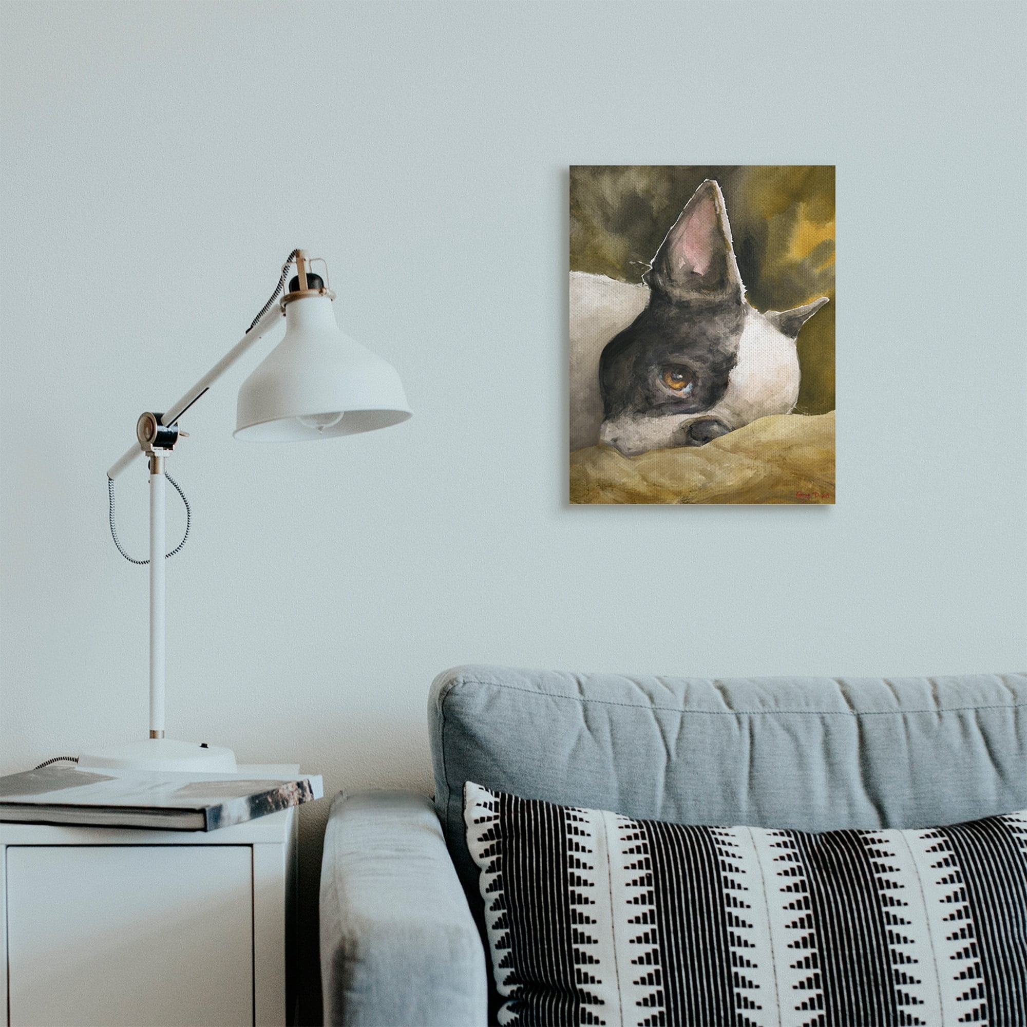 Stupell Industries Boston Terrier Resting Dog Pet Portrait Black Brown Canvas Wall Art, 36 x 48, Design by George Dyachenko