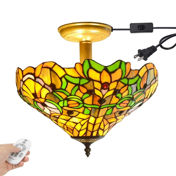 Kiven 13.8in Plug-in Flush Mount Ceiling Light Fixture, 3-Light Anti Glare Close to Ceiling Light with 15FT Cord, Tiffany-Style Glass Chandelier Dimmable for Bedroom Kitchen Hallway(No.3214)