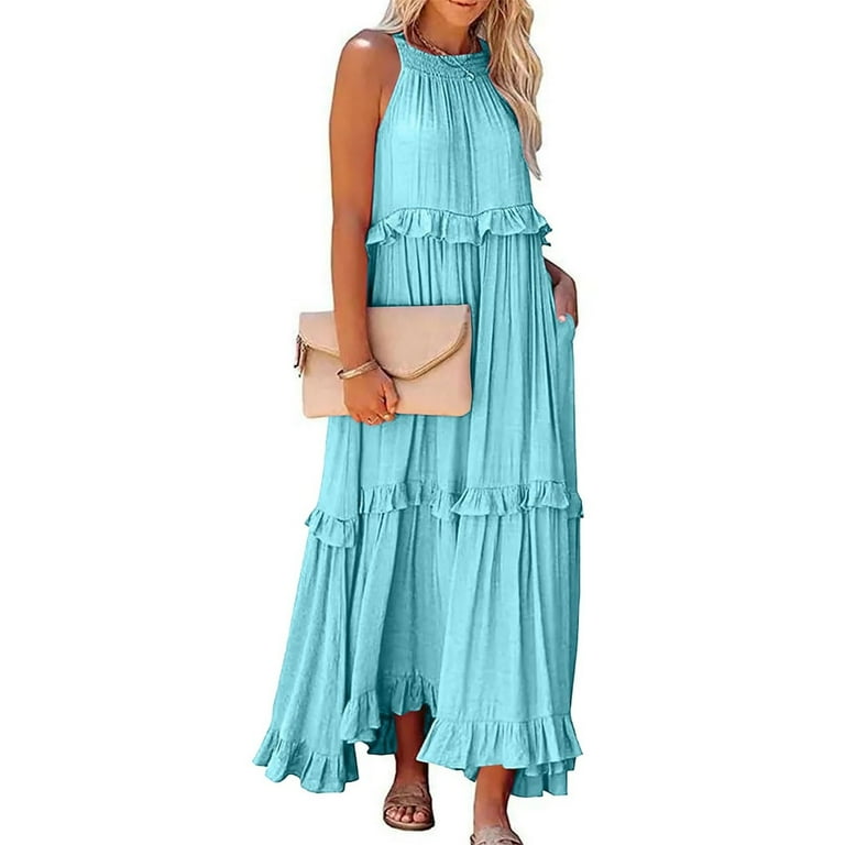 IUZSOKIL Sundresses for Women, Light Blue Maxi Dress, Sleeveless Halter,  Tiered Ruffle, Flowy Beach Dress - Walmart.com