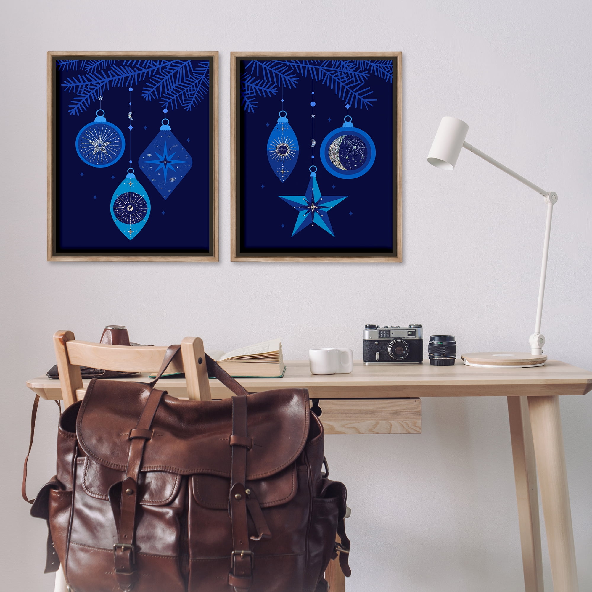 Stupell Industries Vintage Blue Holiday Ornaments Holiday Painting Brown Floater Framed Canvas Art Print Wall Art, 31 x 25, Set of 2