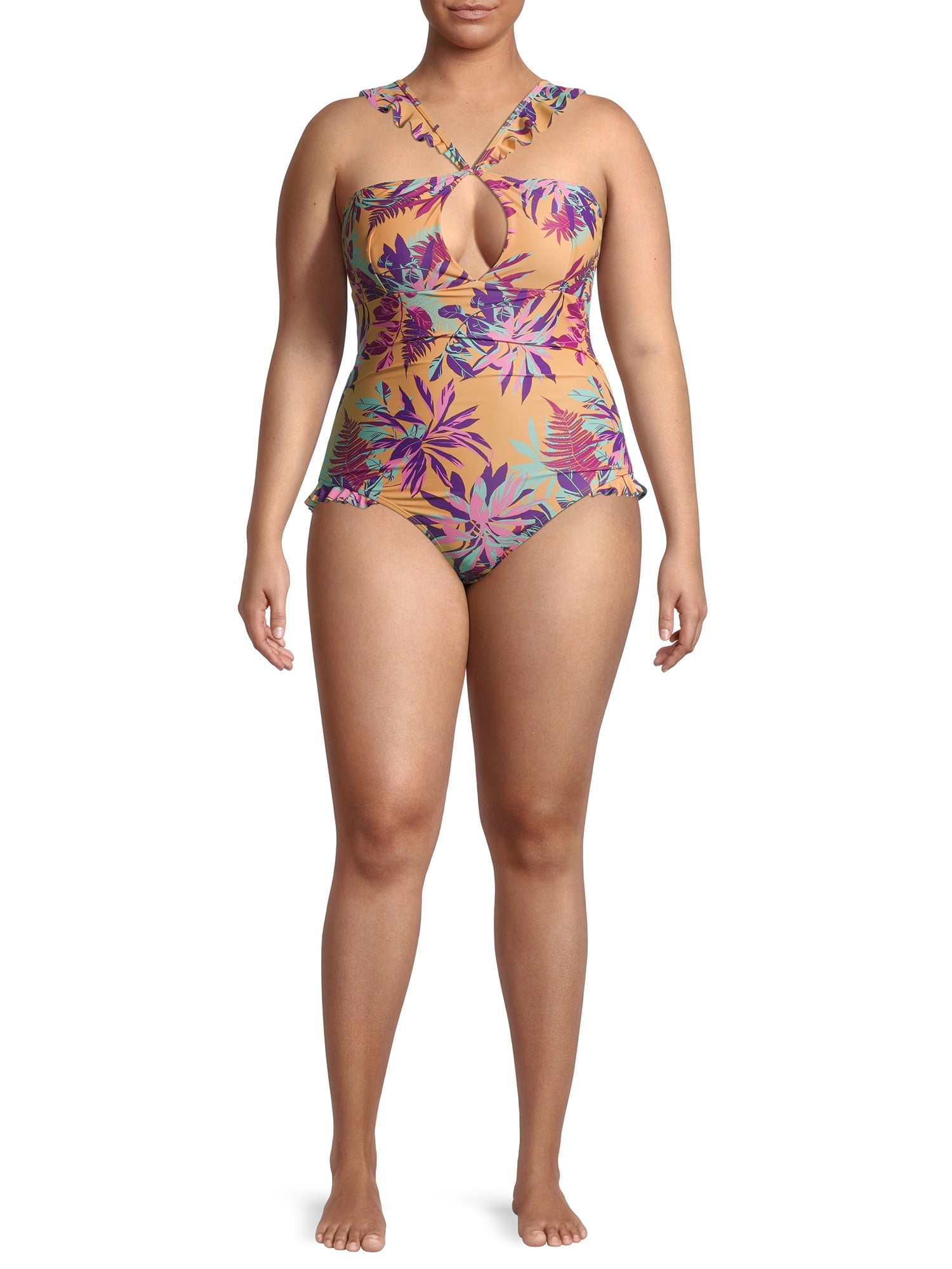 Xoxo Women S Plus Size Peek A Boo Frill Neckline One Piece Swimsuit Walmart Com