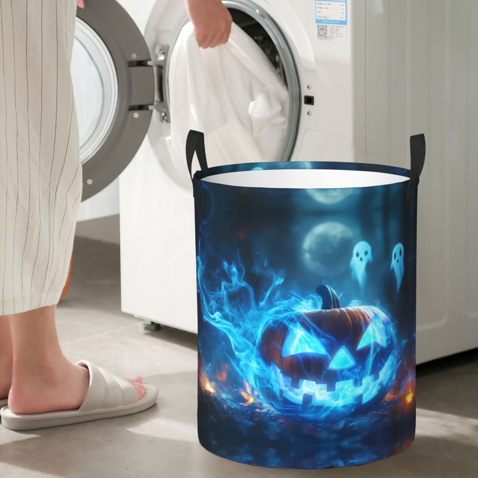 Large Laundry Basket with Handles - Halloween Blue Flame Pumpkin Ghost Kids Baby Dirty Clothes Laundry Hamper for Bedroom Aesthetic