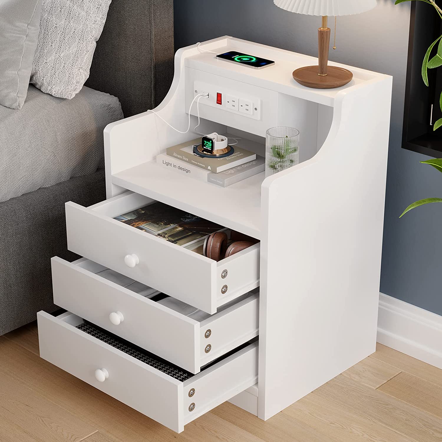ADORNEVE Nightstand with Charging Station and 3 Storage Drawers, White - image 3 of 8