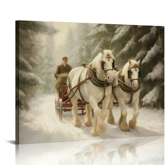 COMIO Horse Drawn Sleigh Canvas Print Snowy Winter Scene Light Up Wall Art with Cardinals, Horse Prints Canvas, christmas wall art, Animal wall art, Arts