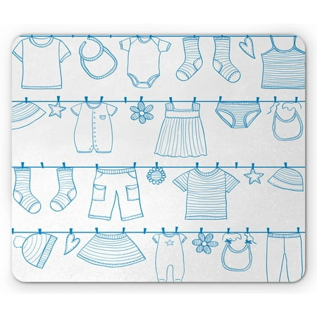 Nursery Mouse Pad  Drying Baby Clothes Socks Sweater Dress Pants and Skirt Hand Drawn Sketch Style  Rectangle Non-Slip Rubber Mousepad  White and Blue  by Ambesonne