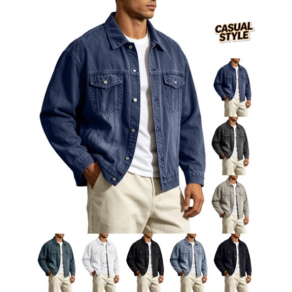Nmnitkp Men's Loose Fit Denim Jacket Vintage Washed Trucker Jacket Button‑Down Long Sleeve Casual Work Coat for Fall Street Daily Dating Outdoor Wear Dark Blue,XS