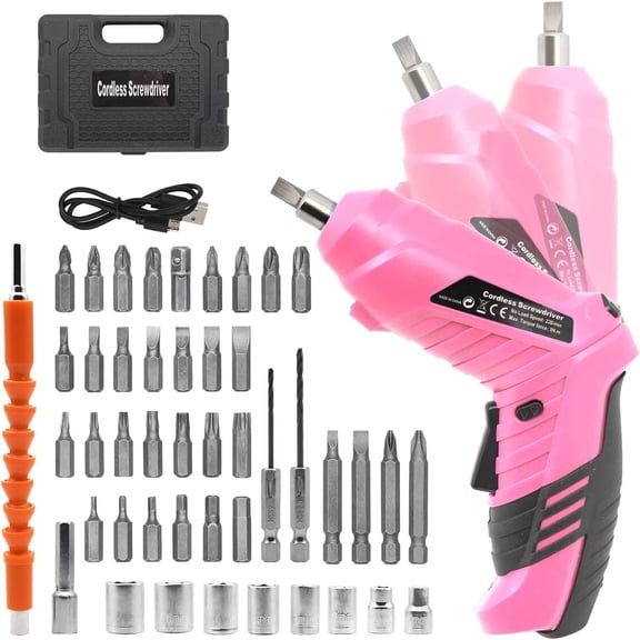 Cordless Screwdriver, 3.6V Rechargeable Electric Screwdriver Kit, 47 in 1 Portable Cordless Drills, Dual Position Handle with USB Cable LED Light for Home Office DIY Tools Pink