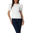 thumbnail image 2 of Blusa casual de verano para mujer con mangas cortas abullonadas y cuello redondo XS blanca, 2 of 6