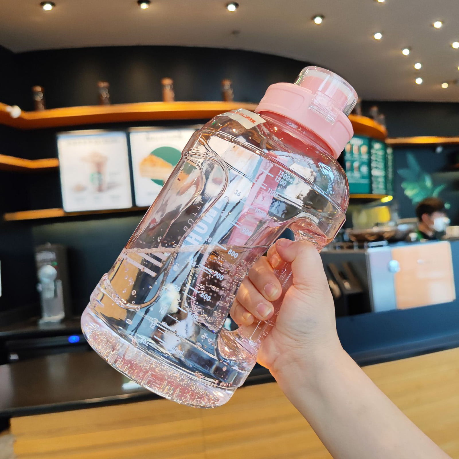 1500ml Water Bottles Large Capacity Plastic Clear Sports Drink Bottle Gym Fitness Ton Cup with Portable Handle and Rope, Pink