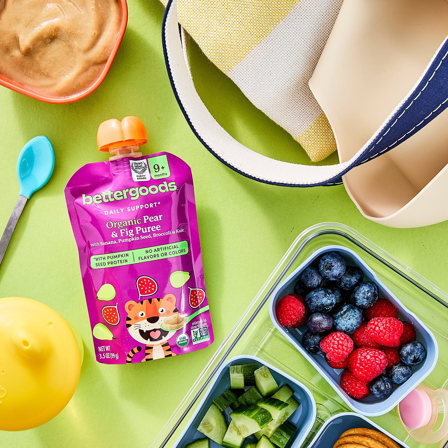 (12 pack) bettergoods Organic Stage 3 Baby Food Daily Support Blend, Pear and Fig Puree, 3.5 oz Pouch