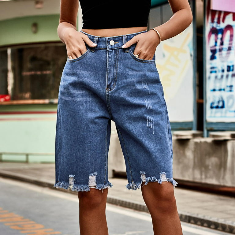 Gaecuw Stretchy Jean Shorts for Women Trendy Jean Shorts Button Up Zipper  Denim Shorts Ripped Fringe Jeans Loose Baggy Lounge Trousers Denim Summer  Short Length Pant with Pockets Solid Denim Pants 