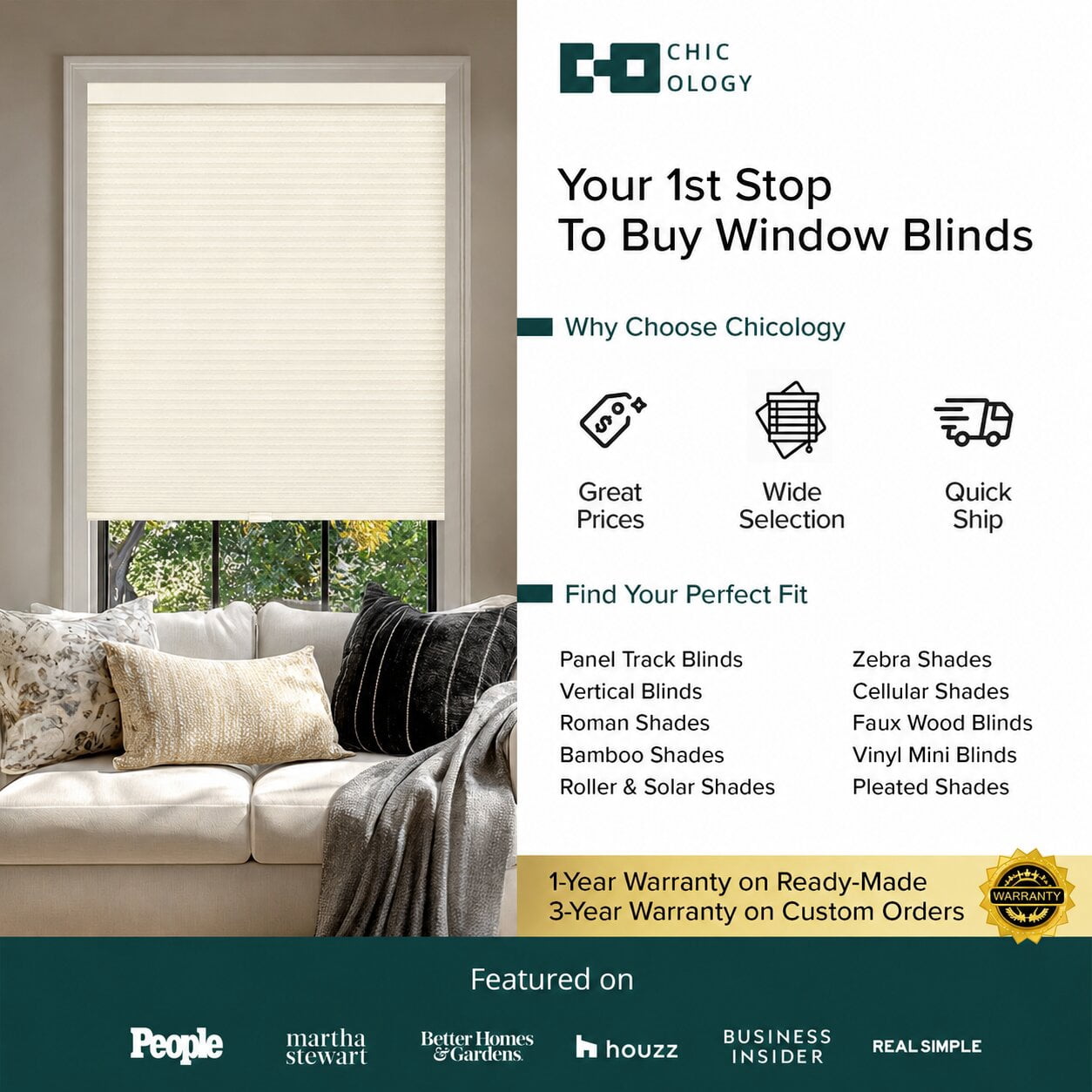Chicology 53"W X 72"H Cordless Double Cell Cellular Shades Light Filtering Ivory