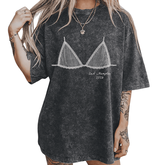 S-2XL Womens Vintage Wash T Shirt Black with Bikini Graphic Print Casual Crew Neck Short Sleeve Beach Tee