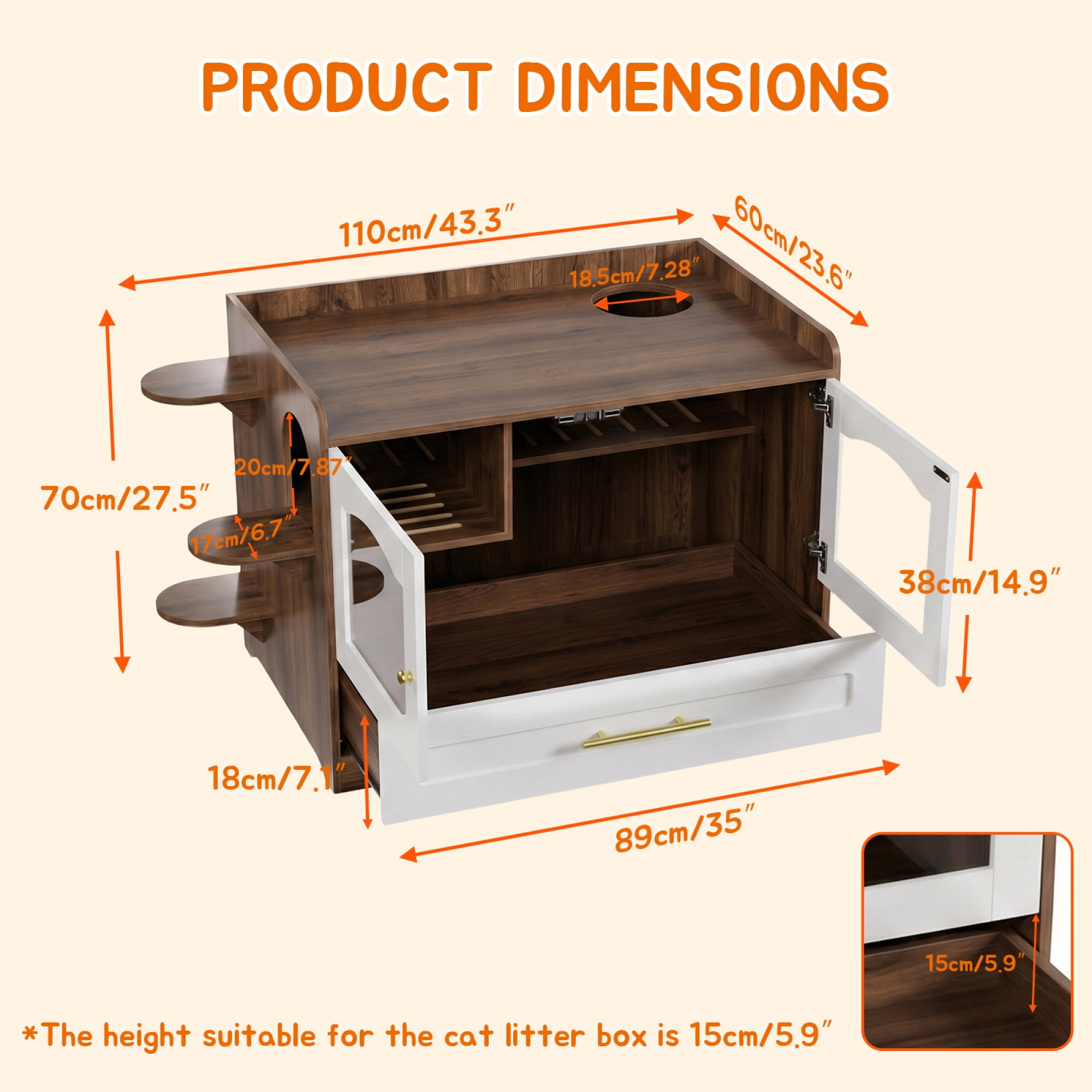 HOQBN Cat Litter Box Enclosure Furniture, Dog Proof Hidden Litter Box Cabinet with Acrylic Door, Extra Long Runway & Storage Drawer, Indoor Cat Play Area Brown+White
