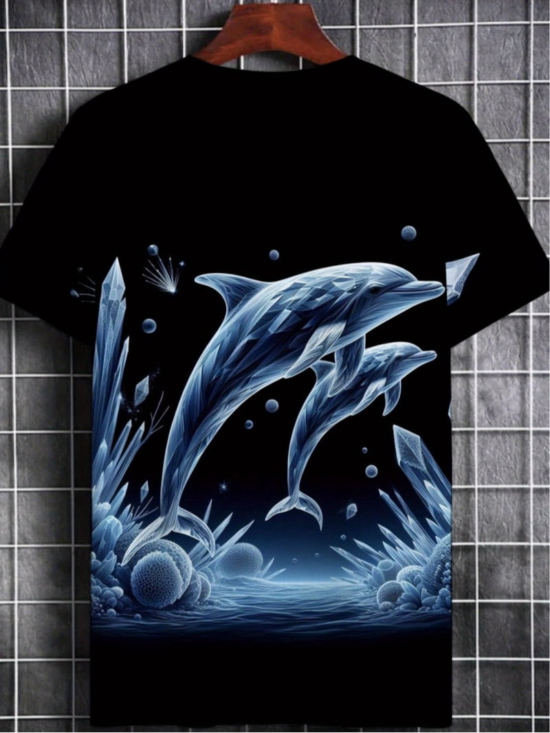 Men's black dolphin print T-shirt with unique design and smooth