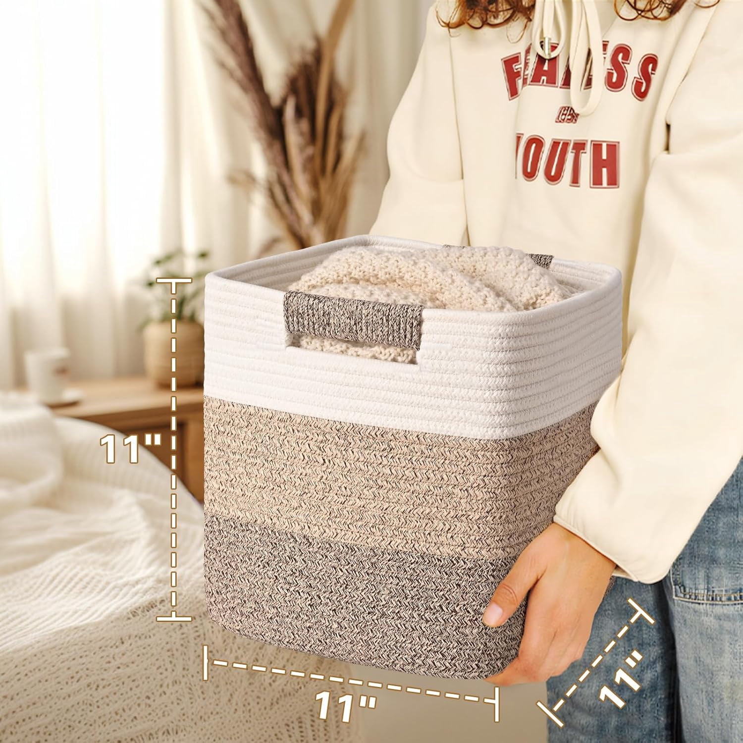 Natubeau 3 Pack Woven Storage Basket for Shelves, 11 Inch Cube Storage Bins, Cotton Rope Woven Baskets for Organizing, Gradient Jute