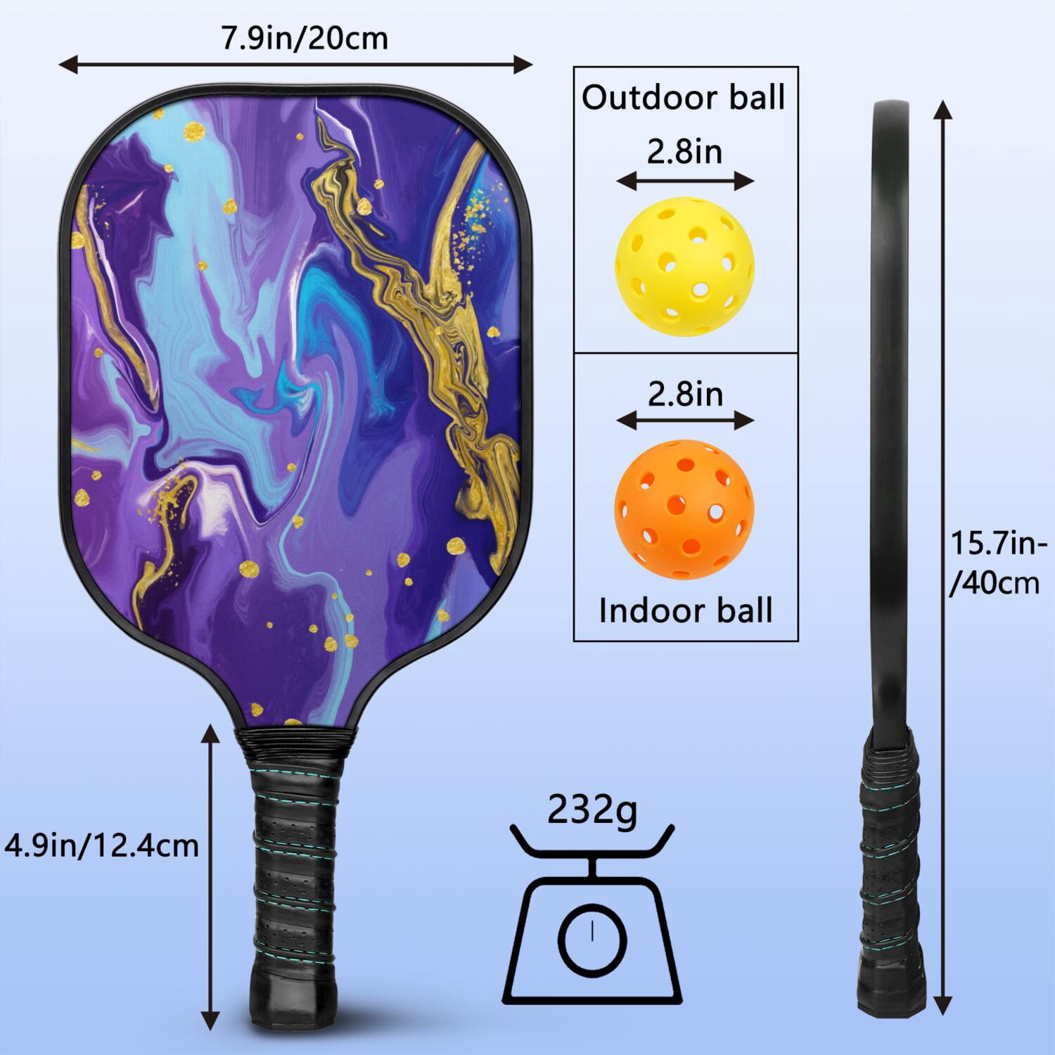 Pickleball Paddles Set Of 2, Fiberglass Surface, Liquid & Marble Print, 4 Balls & Bag