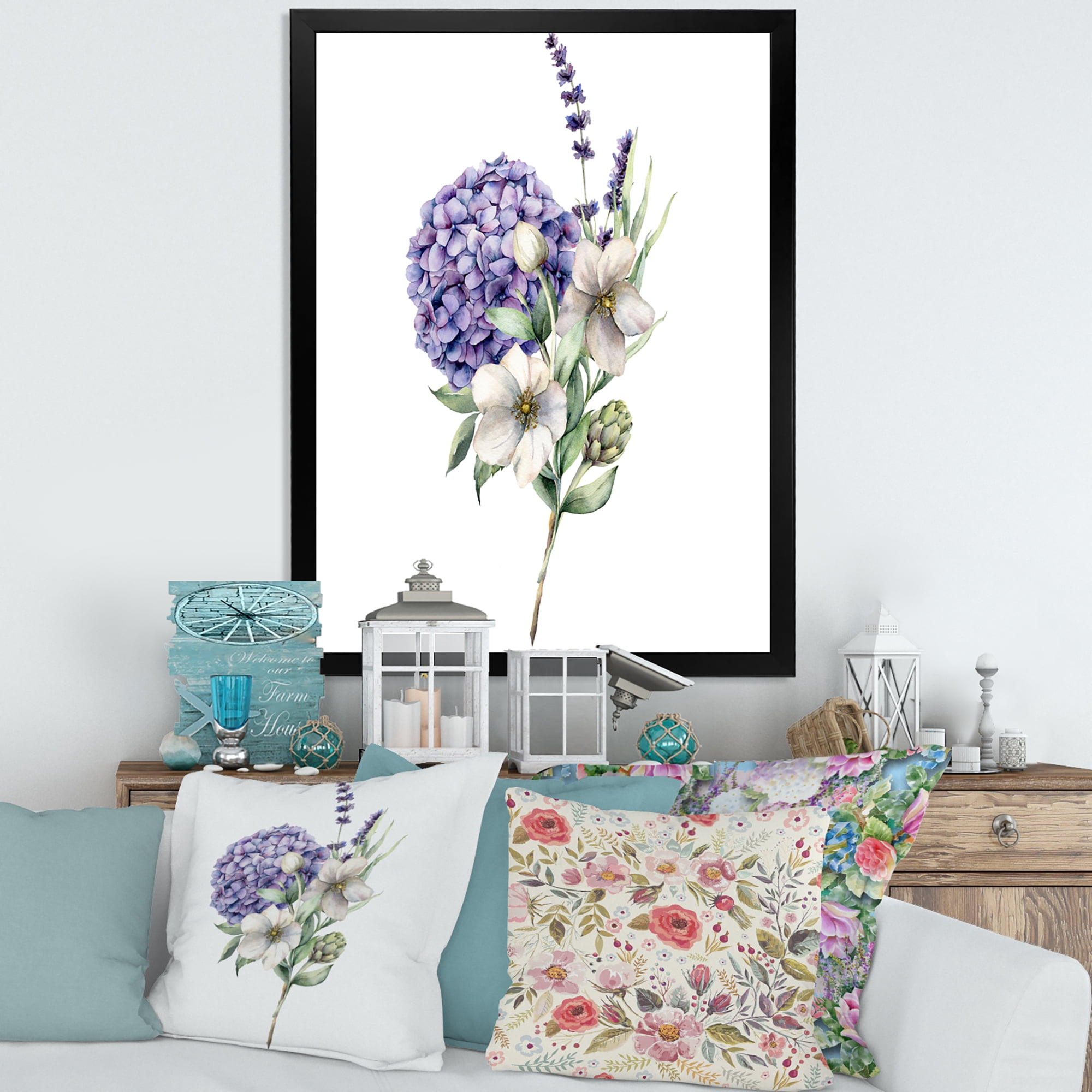 Designart 'Bouquet Of Lavender Anemone Artichoke & Hydrangea ' Traditional Framed Art Print