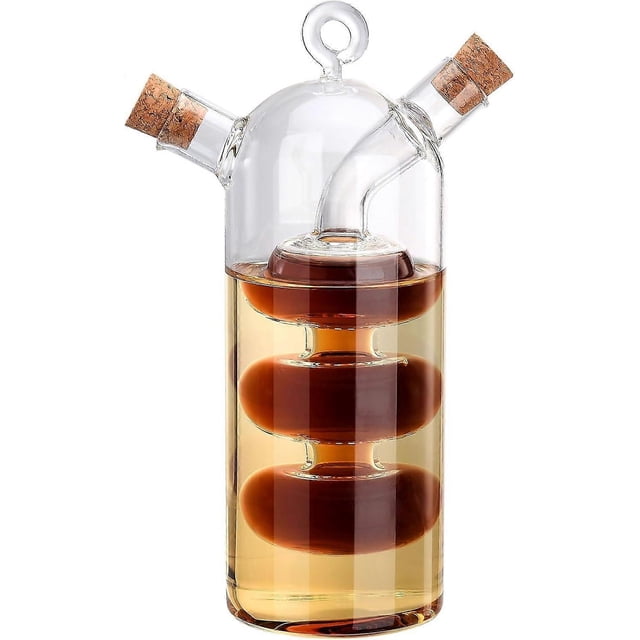 Olive Oil and Vinegar Dispenser Cruet Bottles, 2 in 1 Double Layer Glass Olive Oil Bottle Cruet with Cork Stoppers, Double Pourer Spout Oil Dispenser