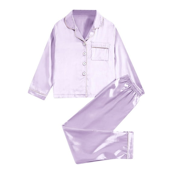 Zanarzt Girls Valentines Pjs Satin Pajamas for Girls Silky Button Down Sleepwear Nightwear Loungewear PJS Clothes Set Gifts for Kids Purple,8 Years