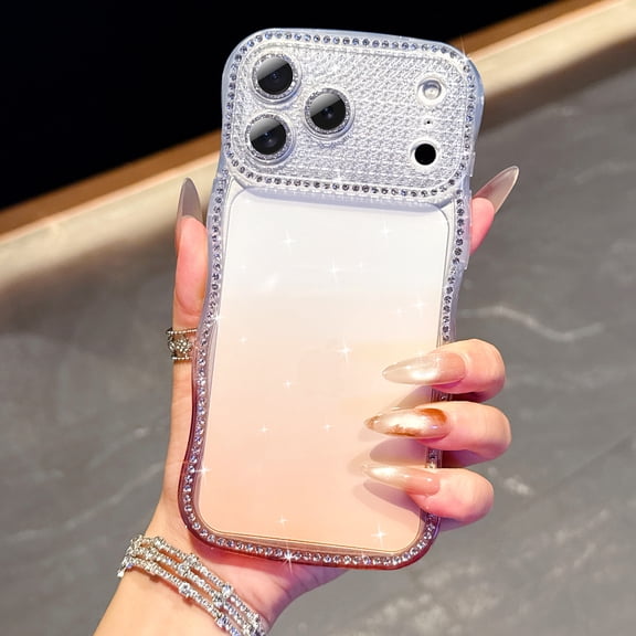 Case for iPhone 16 Pro Max with Large Camera Window Design, Diamond Wavy Frame and Glitter Lens Protector, Gradient Clear Back, Shockproof TPU Anti-Scratch Protective Thin Phone Case - Gold