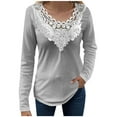 thumbnail image 2 of AXXD Women's Sweatshirts Gray Basic Summer 2024 Lace Solid Color Pullover V-Neck Long Sleeve T-Shirt Top, 2 of 6