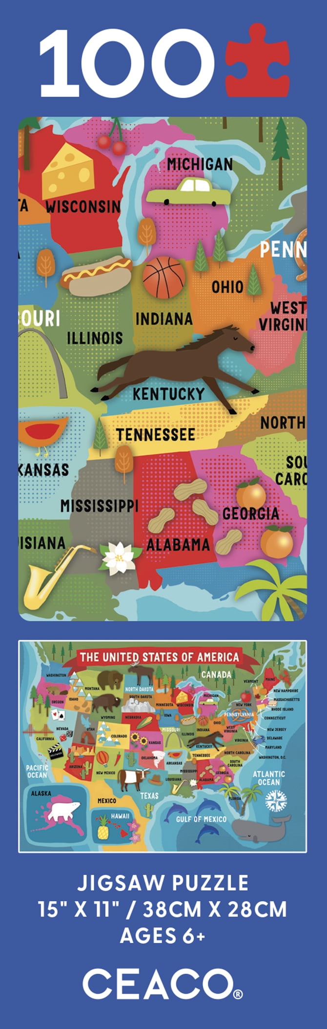 Ceaco - Kids Puzzles - Charlotte Pepper - USA Map - 100 Piece Interlocking Jigsaw Puzzle