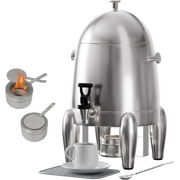 3 Gallon Stainless Steel Cold and Hot Beverage Dispenser, Commercial Heating Coffee Urn with Spigot, Fuel Holder, Mixing Spoon and Drip Mat, Set for Coffee Tea Serving on Parties, Events, Catering