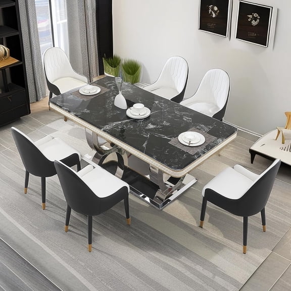 79" Modern Black Dining Set w/ Marble Top & Dual-Circle Steel Base | 6 PU Leather Chairs | 7-PC Luxury