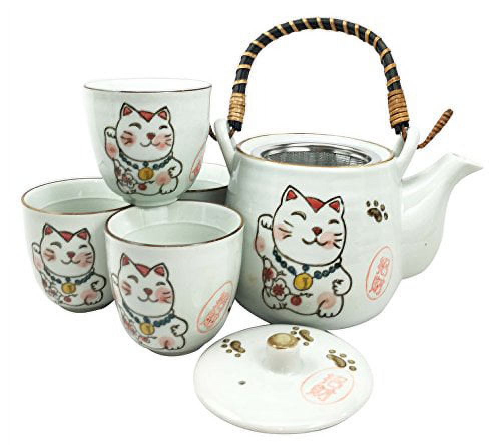 Draagbare Keramische Theeset Lucky Cat - Reisset Met Theepot, Kopjes En Tas
