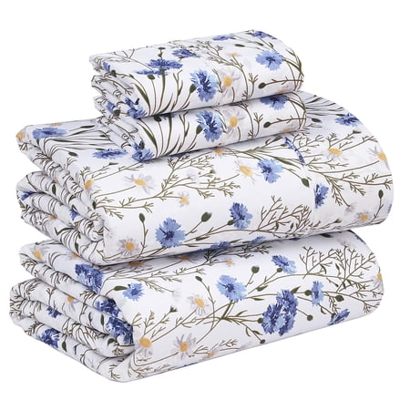 RUVANTI 100% Cotton Sheets – Queen Size Percale Bedding, Cooling & Breathable Floral Design, Durable with a Crisp, Soft & Comfortable Feel, 16" Deep Pocket, 4-Piece Set, Sweet Pea