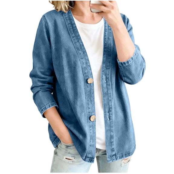 BangWanChi Denim Jacket for Women Trendy Plus Size Casual Womens Ladies Oversize Jeans Chain Jacket Pocket Coat