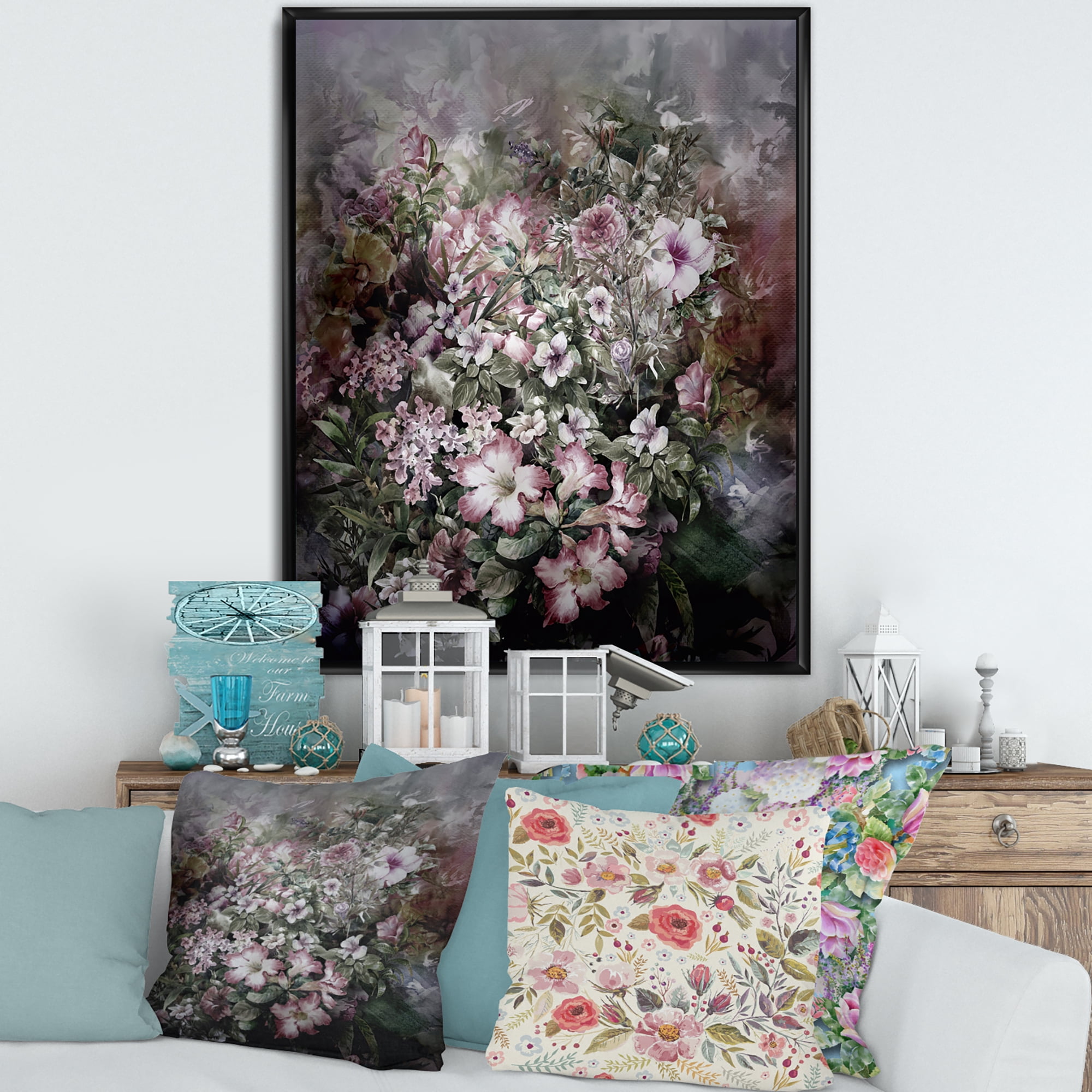 Designart 'Drawing of Flowers Retro IV' Vintage Framed Canvas Wall Art Print