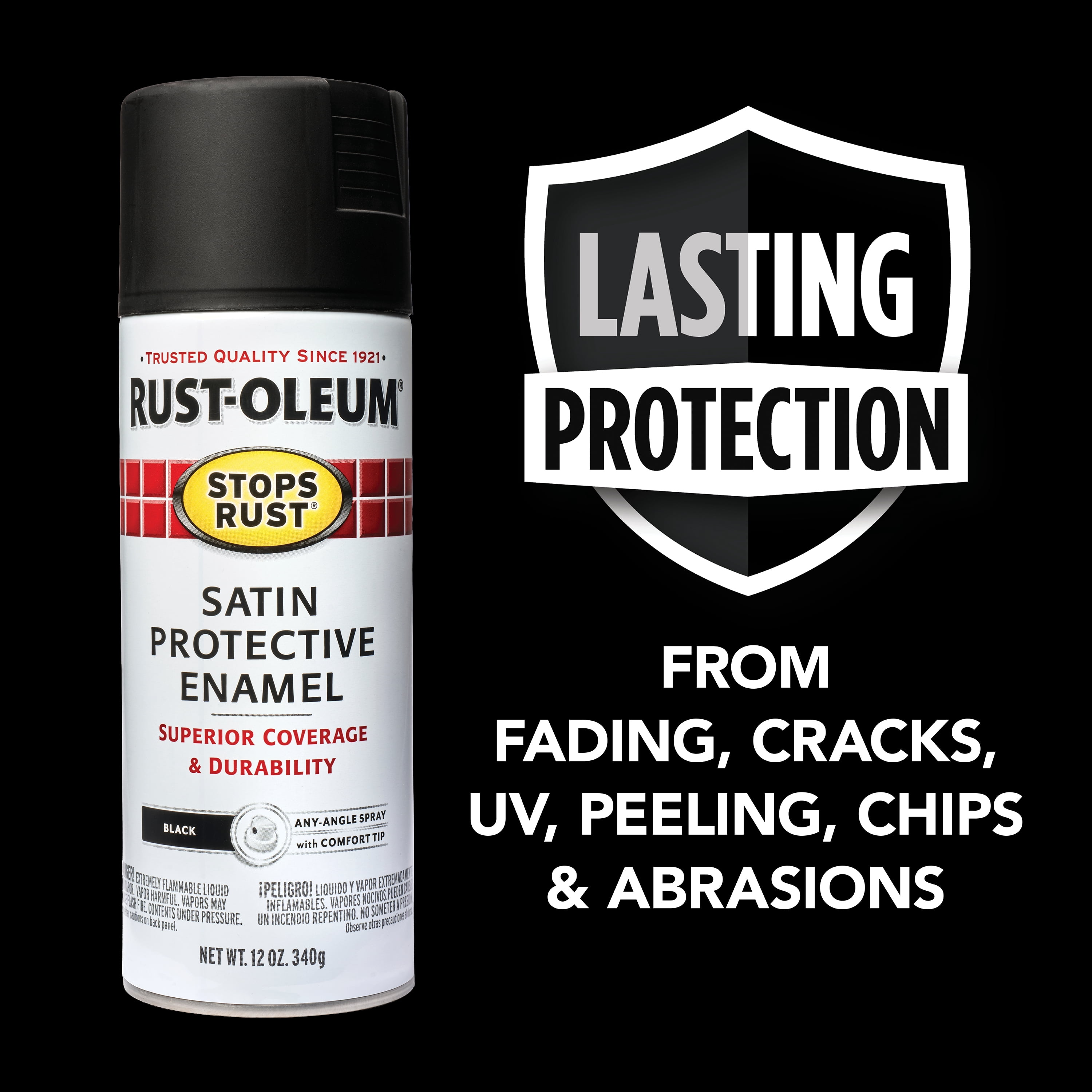(6 pack) Black, Rust-Oleum Stops Rust Protective Enamel Satin Spray Paint-7777830, 12 oz