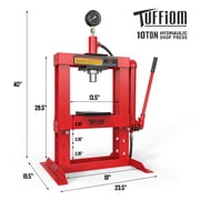 TUFFIOM 10-Ton Hydraulic Shop Press with Pressure Gauge & Press Plates, H-Frame Adjustable Working Table Height Garage Benchtop Press, Red, 23.5”L x 19.5”W x 40”H