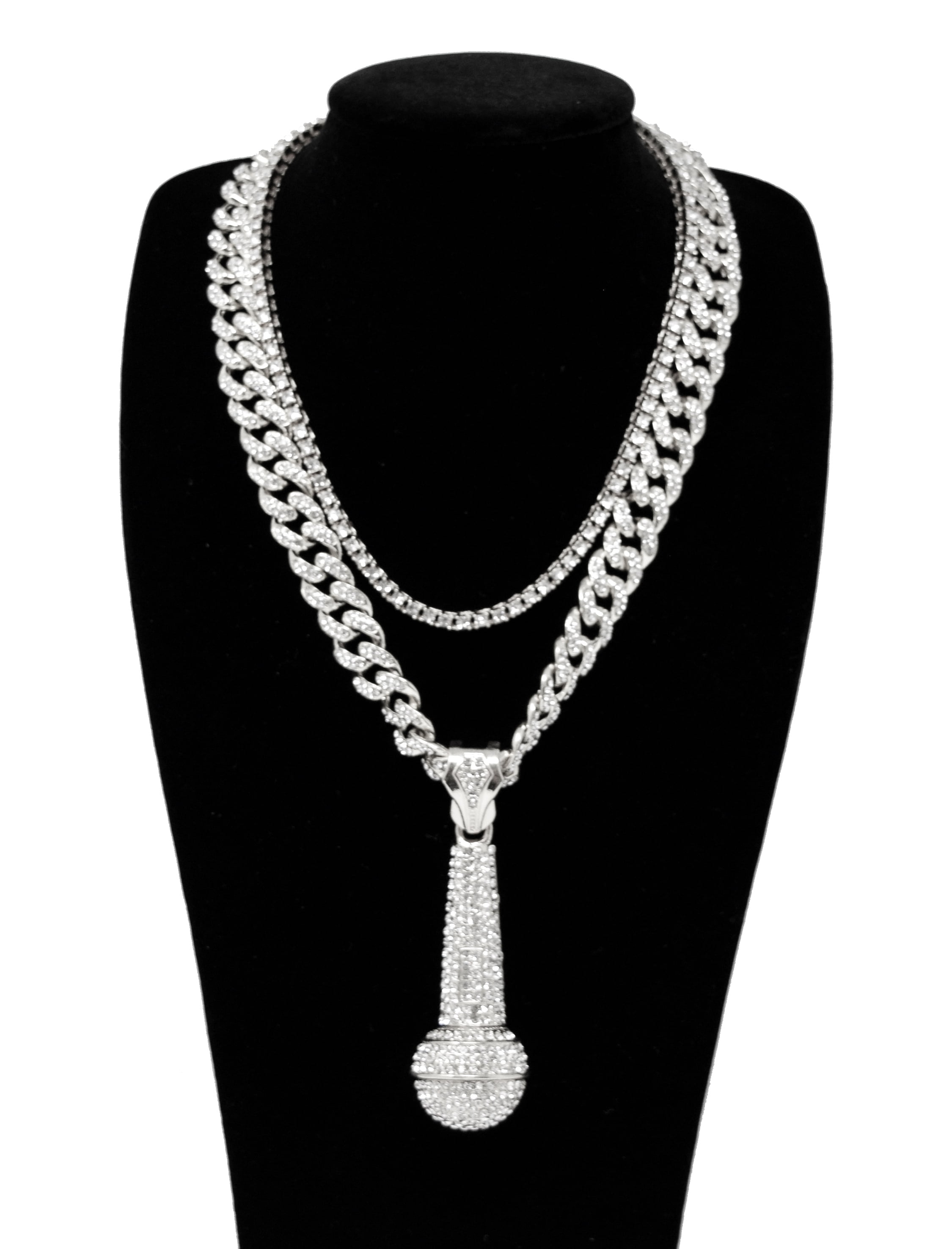 20" 24" Stainless Steel Silver CZ MICROPHONE MUSIC Pendant Rope Chain Necklace 