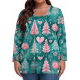 thumbnail image 7 of Women's Fashionable Casual Long Sleeved Plus Size Print Top Plus Size Floral Print Top with Christmas Plant Print, Festive Design Loose Fit Tops,Cyan,L, 7 of 7