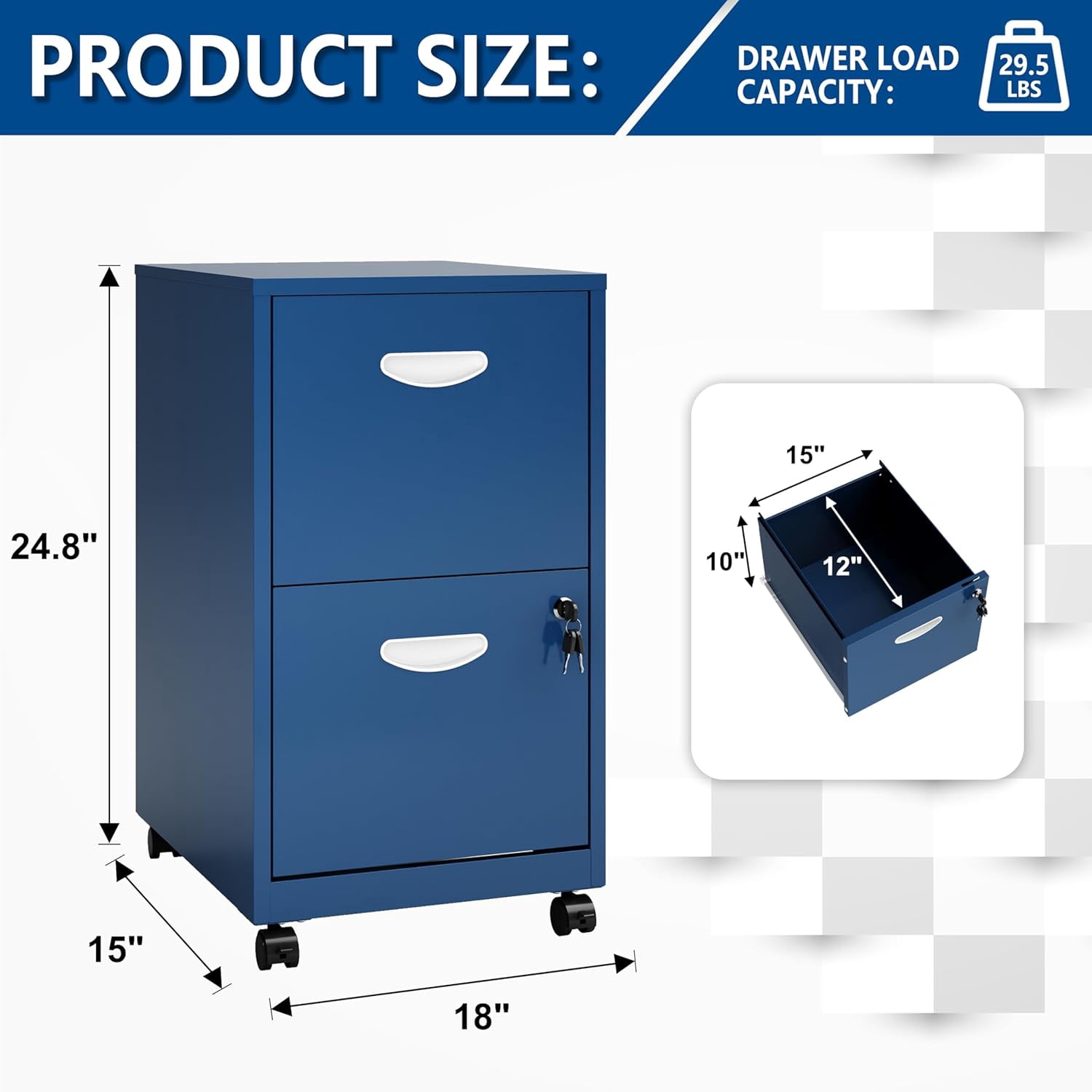 2 Drawer File Cabinet on Wheels, Mobile Two Drawer Filing Cabinet with Lock, Small Rolling Files Cabinets for Under Desk, Metal Filing Cabinets for Letter Size Folders - Assembly Required
