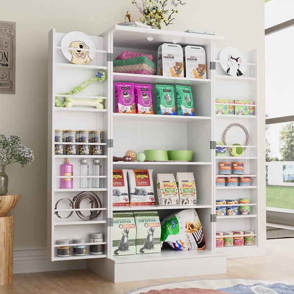 47" Dog Food Storage Cabinet with Doors and Adjustable Shelves, Freestanding Pet Storage Container Organizer for Living Room and Dinning Room, White