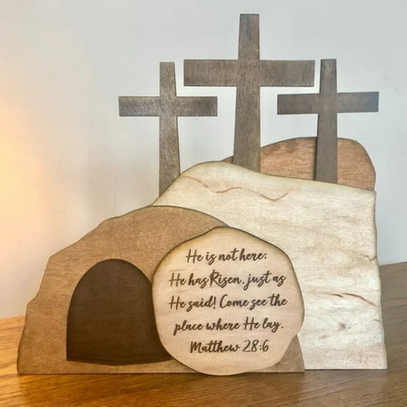He is Risen Easter Resurrection Decor with Three Crosses and Scripture Plaque, Religious Easter Decor for Home Tabletop Display, Jesus Resurrection Gift Set